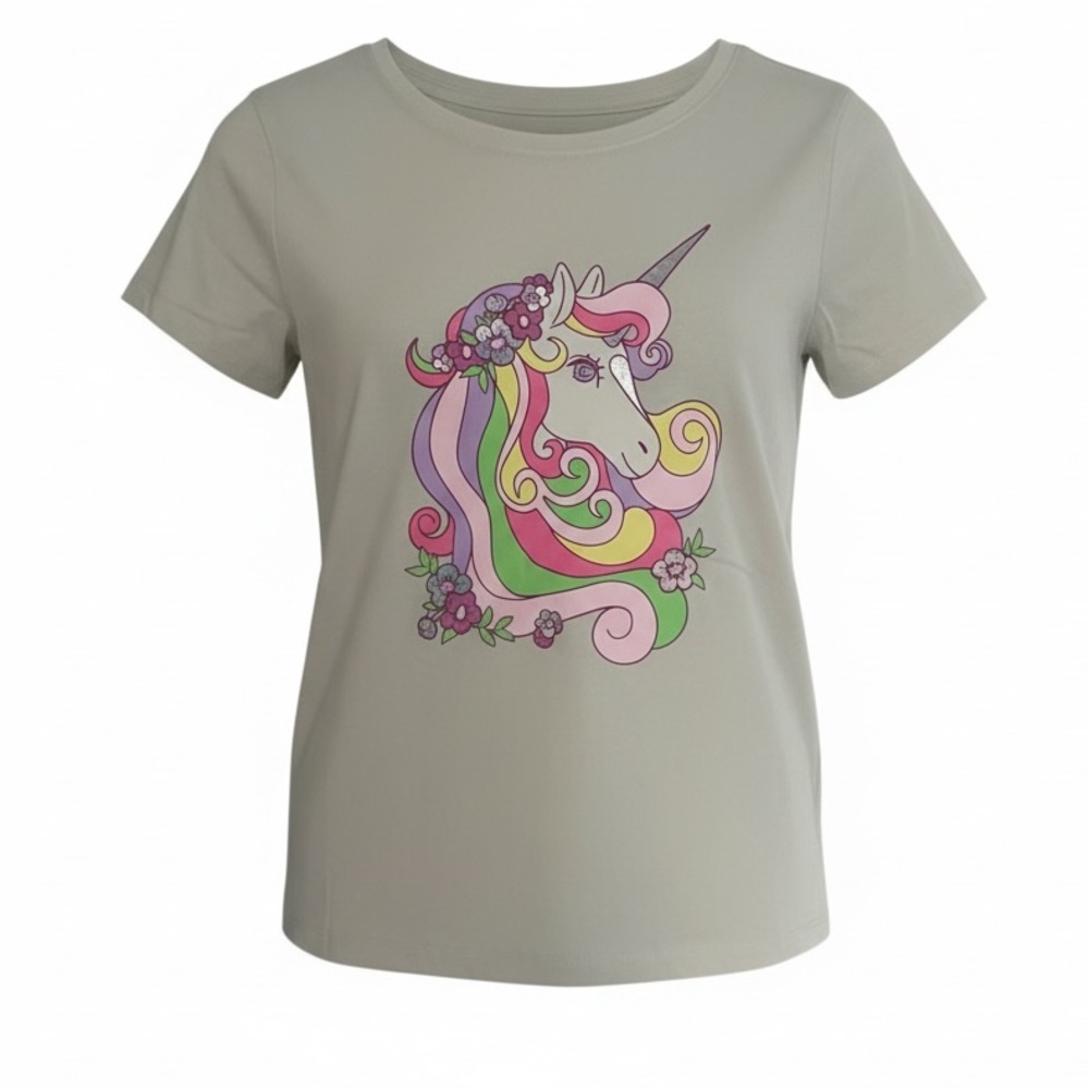 Cat & Jack Girls Unicorn Short Sleeve Graphic T-Shirt Cream XL (14) NWT PTP 17”
